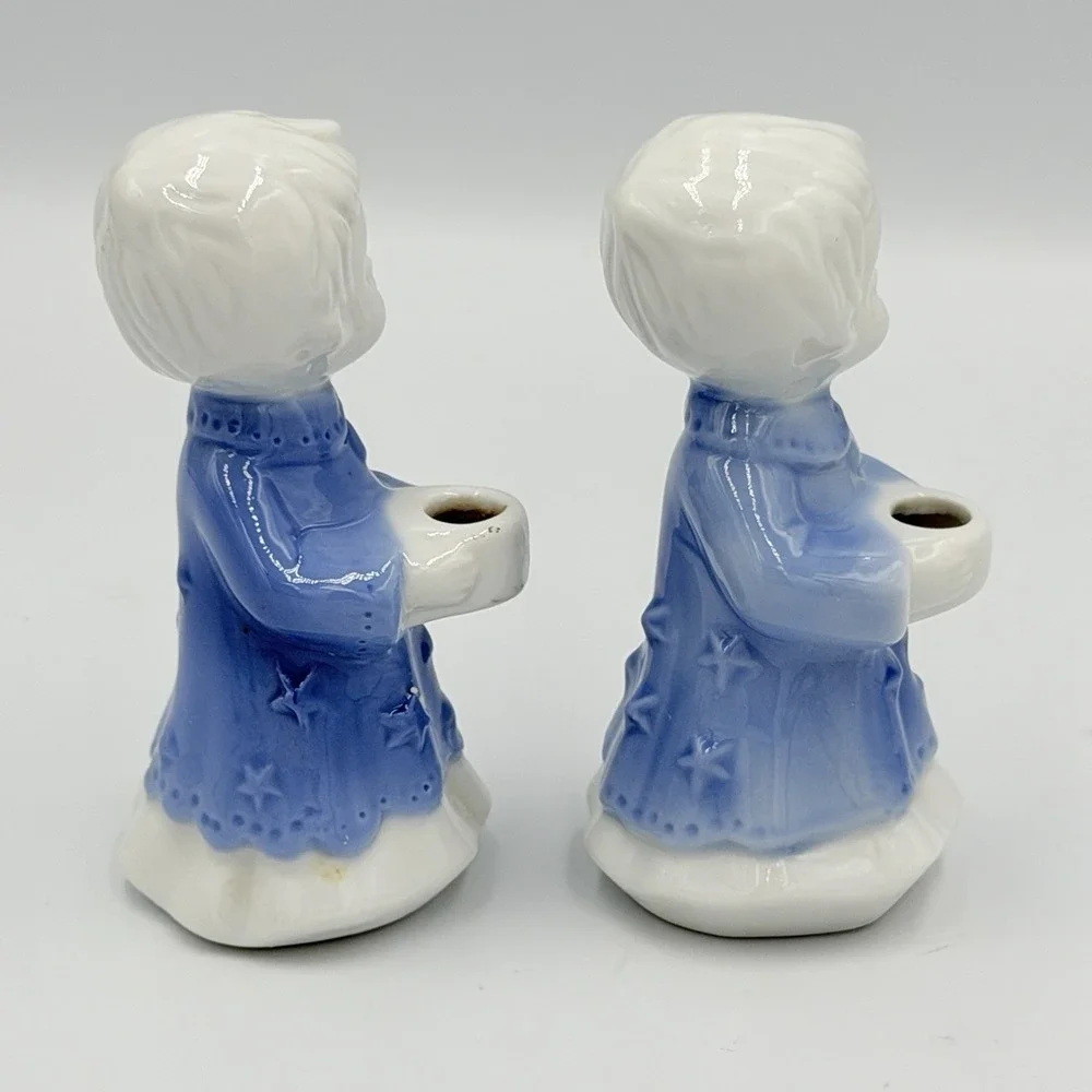 VTG Christmas Caroler Candle Holders Blue White Ceramic Figurines Set of 4